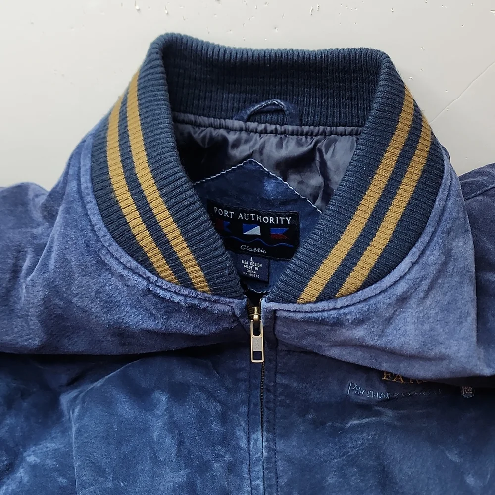 PORT AUTHORITY VINTAGE SUADE BOMBER LEATHER JACKET, LARGE, BLUE AND BROWN